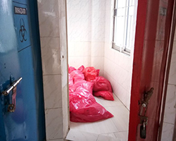 Red storage cabin at storage area