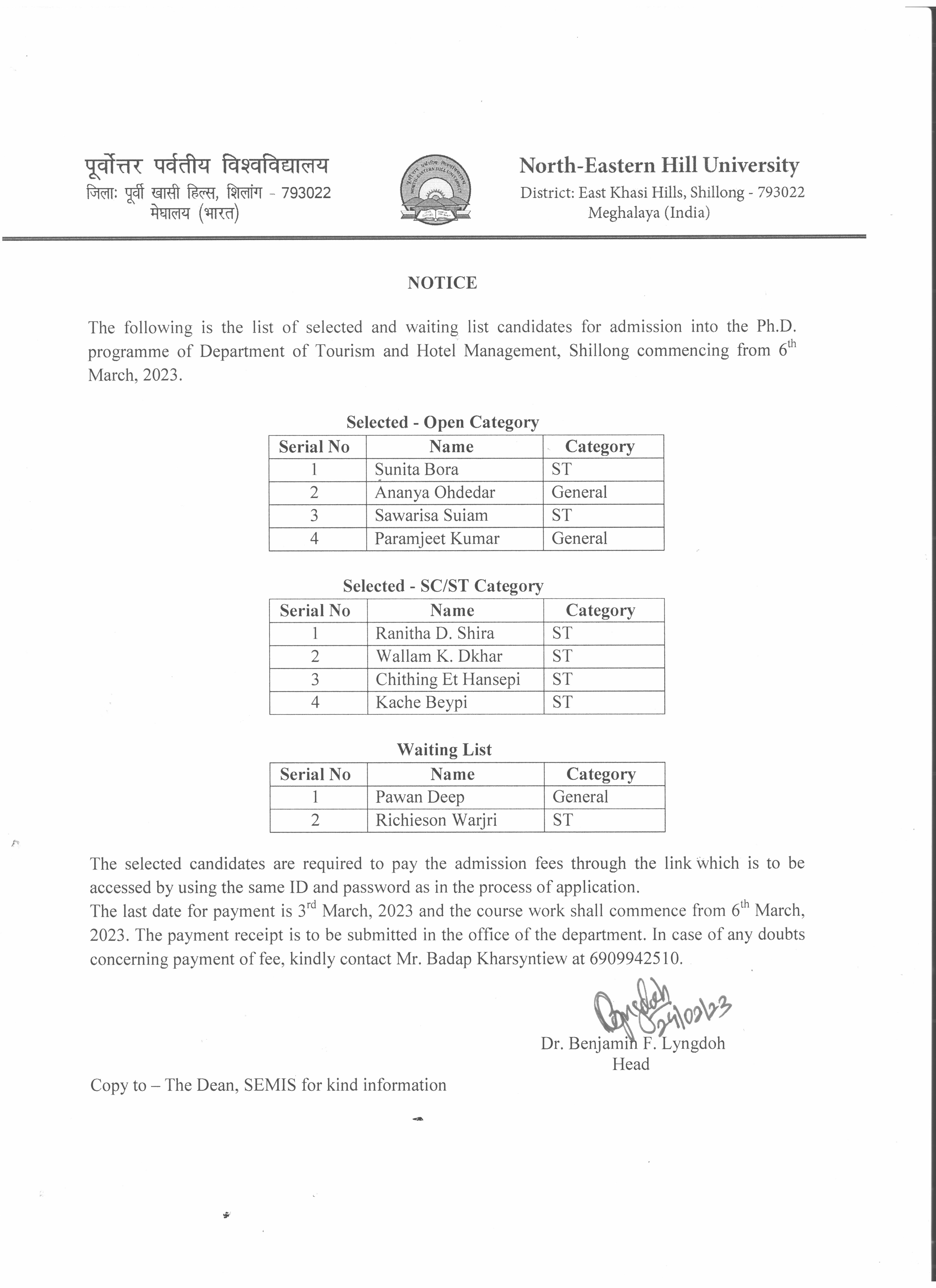 nehu phd law admission 2022